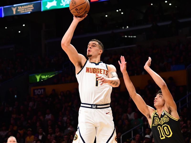 LOS ANGELES, CA - FEBRUARY 8: Michael Porter Jr. #1 of the Denver Nuggets shoots the ball during the game against the Los Angeles Lakers on February 8, 2024 at Crypto.Com Arena in Los Angeles, California. NOTE TO USER: User expressly acknowledges and agrees that, by downloading and/or using this Photograph, user is consenting to the terms and conditions of the Getty Images License Agreement. Mandatory Copyright Notice: Copyright 2024 NBAE (Photo by Adam Pantozzi/NBAE via Getty Images)