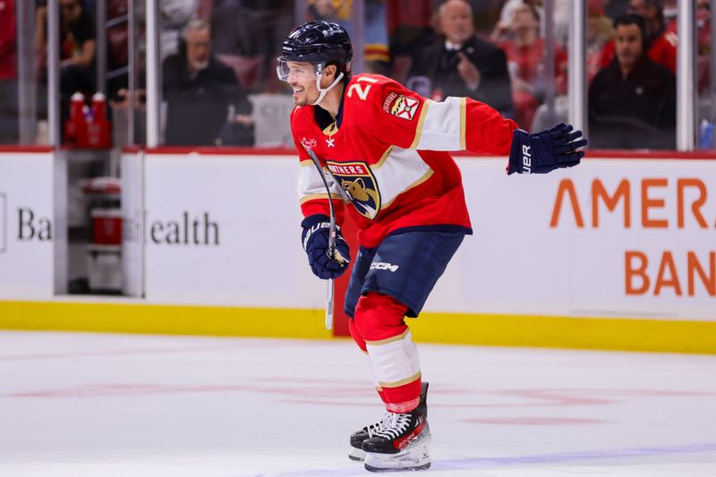 Apr 9, 2024; Sunrise, Florida, USA; Florida Panthers center Nick Cousins (21) looks on after scoring against the Ottawa Senators during the first period at Amerant Bank Arena. Mandatory Credit: Sam Navarro-USA TODAY Sports