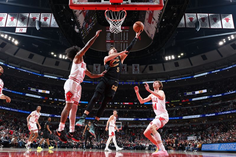 CHICAGO, IL - MARCH 4: Sam Merrill #5 of the Cleveland Cavaliersdrives to the basket during the game against the Chicago Bulls on March 4, 2025 at United Center in Chicago, Illinois. NOTE TO USER: User expressly acknowledges and agrees that, by downloading and or using this photograph, User is consenting to the terms and conditions of the Getty Images License Agreement. Mandatory Copyright Notice: Copyright 2025 NBAE (Photo by Jeff Haynes/NBAE via Getty Images)