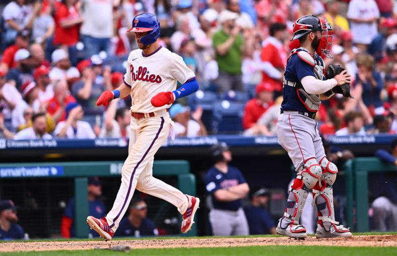 May 7, 2023; Philadelphia, Pennsylvania, USA; Philadelphia Phillies shortstop Trea Turner (7) scores against the Boston Red Sox in the eighth inning at Citizens Bank Park. Mandatory Credit: Kyle Ross-USA TODAY Sports