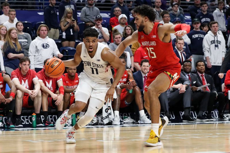 Mar 5, 2023; University Park, Pennsylvania, USA; Penn State Nittany Lions guard Camren Wynter (11) dribbles the ball around Maryland Terrapins forward Patrick Emilien (15) during the first half at Bryce Jordan Center. Mandatory Credit: Matthew OHaren-USA TODAY Sports