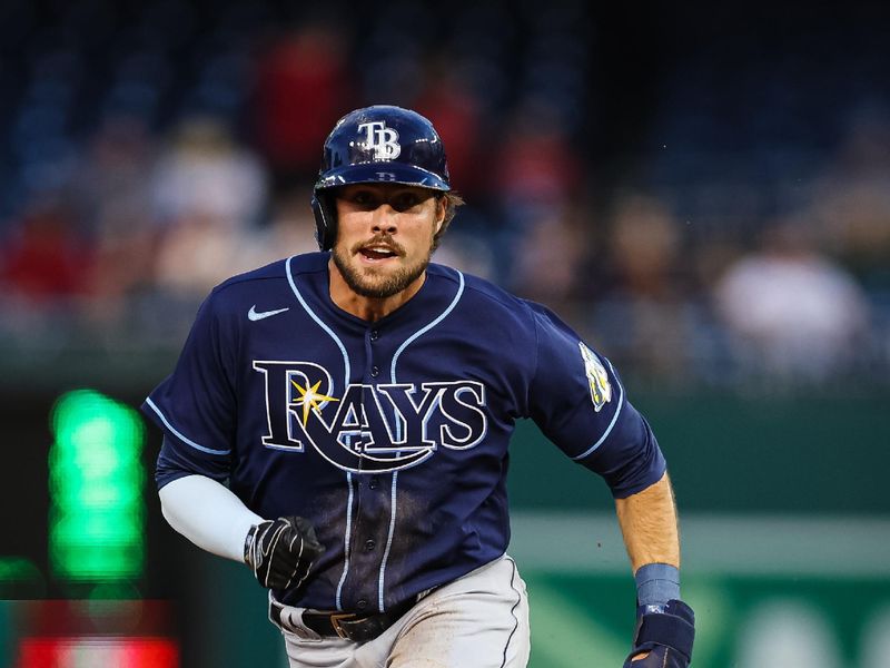 Apr 3, 2023; Washington, District of Columbia, USA; Tampa Bay Rays right fielder Josh Lowe (15) rounds second base against the Washington Nationals during the second inning at Nationals Park. Mandatory Credit: Scott Taetsch-USA TODAY Sports