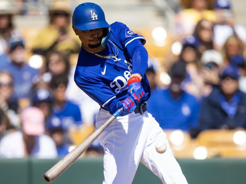 Mar 3, 2024; Phoenix, Arizona, USA; Los Angeles Dodgers infielder Mookie Betts against the Colorado Rockies during a spring training game at Camelback Ranch-Glendale. Mandatory Credit: Mark J. Rebilas-USA TODAY Sports