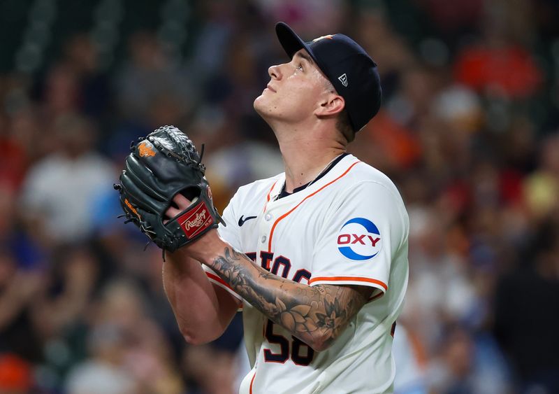 Aug 29, 2024; Houston, Texas, USA; Houston Astros starting pitcher Hunter Brown (58) looks up after he was taken out of the game against the Kansas City Royals in the seventh inning at Minute Maid Park. Mandatory Credit: Thomas Shea-USA TODAY Sports