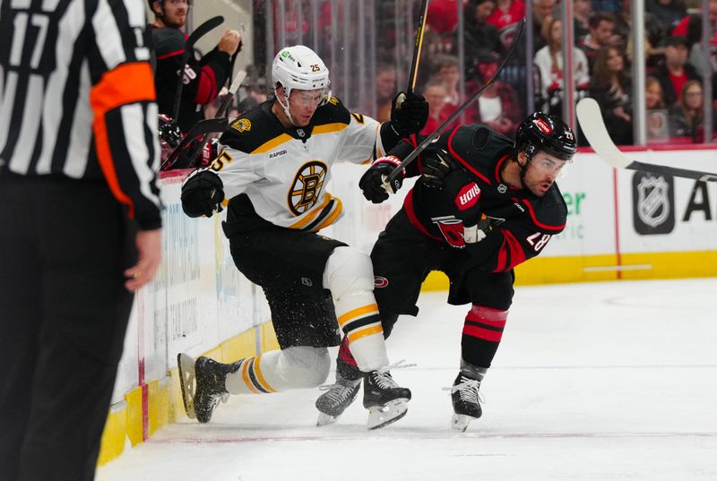 Oct 31, 2024; Raleigh, North Carolina, USA;  Carolina Hurricanes left wing William Carrier (28) checks Boston Bruins defenseman Brandon Carlo (25) during the second period at Lenovo Center. Mandatory Credit: James Guillory-Imagn Images