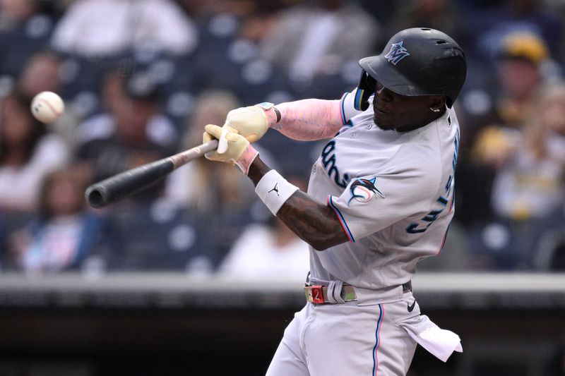 Aug 21, 2023; San Diego, California, USA; Miami Marlins center fielder Jazz Chisholm (2) bats against the San Diego Padres during the first inning at Petco Park. Mandatory Credit: Orlando Ramirez-USA TODAY Sports