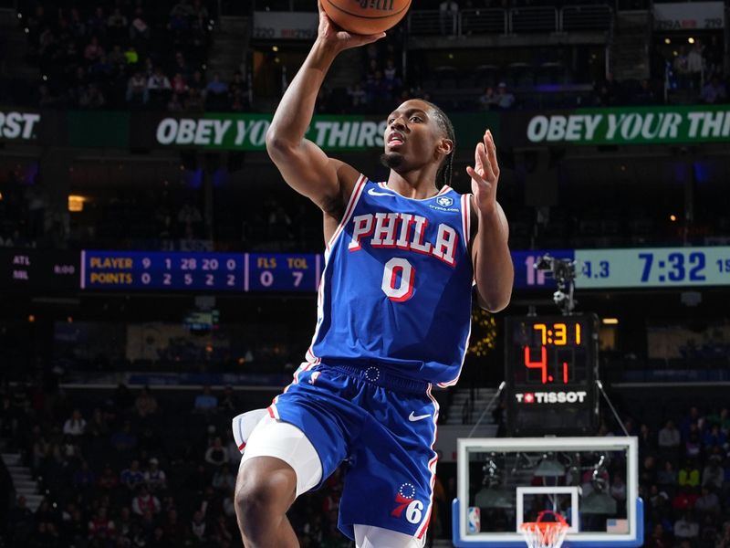 PHILADELPHIA, PA - DECEMBER 4: Tyrese Maxey #0 of the Philadelphia 76ers shoots the ball during the game against the Orlando Magic on December 4, 2024 at the Wells Fargo Center in Philadelphia, Pennsylvania NOTE TO USER: User expressly acknowledges and agrees that, by downloading and/or using this Photograph, user is consenting to the terms and conditions of the Getty Images License Agreement. Mandatory Copyright Notice: Copyright 2024 NBAE (Photo by Jesse D. Garrabrant/NBAE via Getty Images)