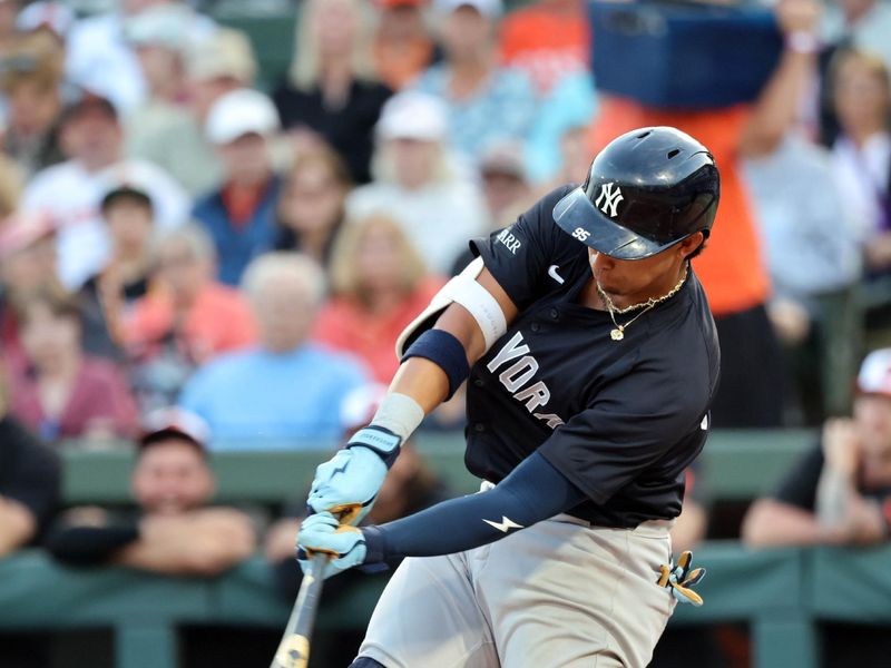 Mar 20, 2025; Sarasota, Florida, USA; New York Yankees third base Oswaldo Cabrera (95) singles during the first inning against the Baltimore Orioles at Ed Smith Stadium. Mandatory Credit: Kim Klement Neitzel-Imagn Images