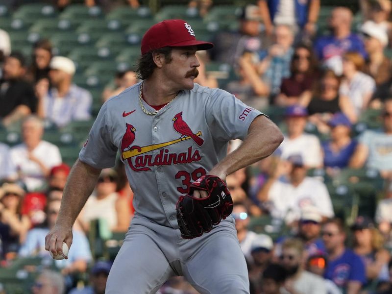 Aug 4, 2024; Chicago, Illinois, USA; St. Louis Cardinals pitcher Miles Mikolas (39) throws the ball against the Chicago Cubs during the first inning at Wrigley Field. Mandatory Credit: David Banks-USA TODAY Sports