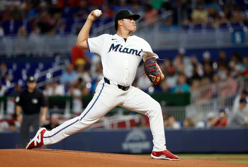 Jul 2, 2024; Miami, Florida, USA;  Miami Marlins starting pitcher Valente Bellozo (83) throws during the first inning against the Boston Red Sox at loanDepot Park. Mandatory Credit: Rhona Wise-USA TODAY Sports