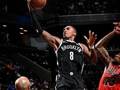 BROOKLYN, NY - NOVEMBER 26: Lonnie Walker IV #8 of the Brooklyn Nets drives to the basket during the game against the Chicago Bulls on November 26, 2023 at Barclays Center in Brooklyn, New York. NOTE TO USER: User expressly acknowledges and agrees that, by downloading and or using this Photograph, user is consenting to the terms and conditions of the Getty Images License Agreement. Mandatory Copyright Notice: Copyright 2023 NBAE (Photo by David Dow/NBAE via Getty Images)