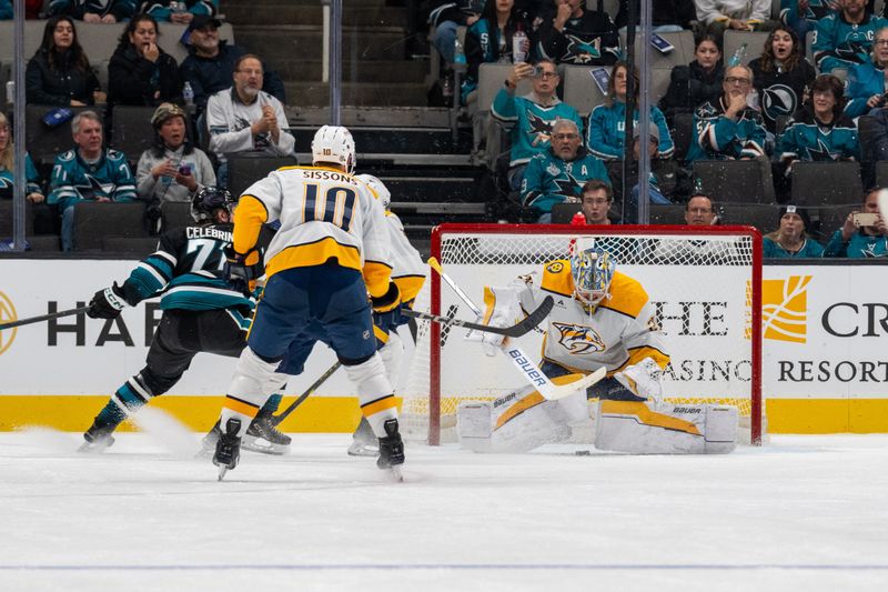 Jan 23, 2025; San Jose, California, USA;  Nashville Predators goaltender Justus Annunen (29) makes a save against San Jose Sharks center Macklin Celebrini (71) during the third period at SAP Center at San Jose. Mandatory Credit: Neville E. Guard-Imagn Images