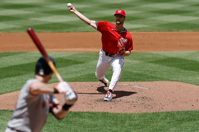 May 25, 2025; Washington, District of Columbia, USA; Washington Nationals pitcher Michael Soroka (34) pitches against San Francisco Giants catcher Sam Huff (23) during the third inning at Nationals Park. Mandatory Credit: Geoff Burke-Imagn Images