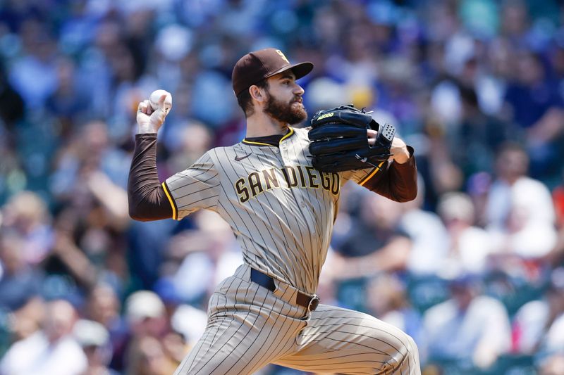 May 8, 2024; Chicago, Illinois, USA; San Diego Padres starting pitcher Dylan Cease (84) delivers a pitch against against the Chicago Cubs during the first inning at Wrigley Field. Mandatory Credit: Kamil Krzaczynski-USA TODAY Sports