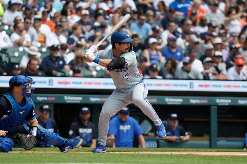 May 25, 2024; Detroit, Michigan, USA; Toronto Blue Jays outfielder Davis Schneider (36) looks on during an at bat in the first inning of the game against the Detroit Tigers at Comerica Park. Mandatory Credit: Brian Bradshaw Sevald-USA TODAY Sports