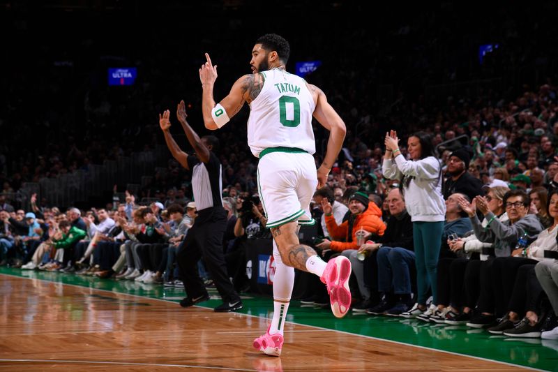 BOSTON, MA - FEBRUARY 1:  Jayson Tatum #0 of the Boston Celtics celebrates during the game against the Los Angeles Lakers on February 1, 2024 at the TD Garden in Boston, Massachusetts. NOTE TO USER: User expressly acknowledges and agrees that, by downloading and or using this photograph, User is consenting to the terms and conditions of the Getty Images License Agreement. Mandatory Copyright Notice: Copyright 2024 NBAE  (Photo by Brian Babineau/NBAE via Getty Images)