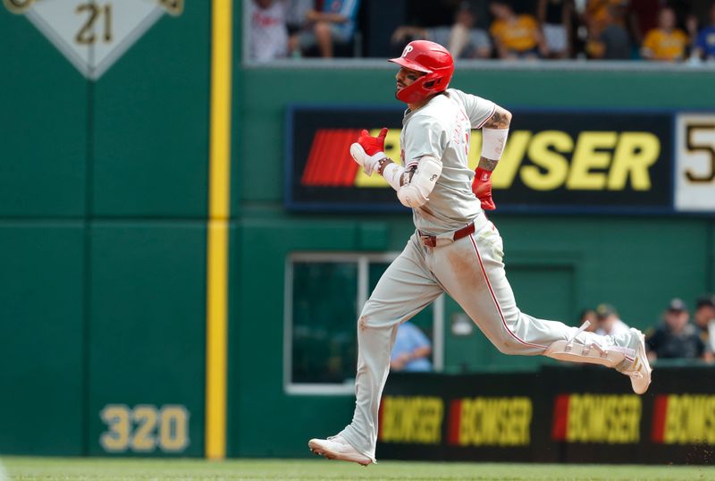 Jul 21, 2024; Pittsburgh, Pennsylvania, USA;  Philadelphia Phillies right fielder Nick Castellanos (8) circles the bases on a solo home run against the Pittsburgh Pirates during the ninth inning at PNC Park. The Phillies won 6-0. Mandatory Credit: Charles LeClaire-USA TODAY Sports