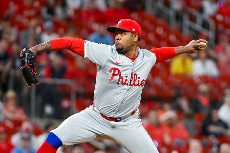 Apr 8, 2024; St. Louis, Missouri, USA;  Philadelphia Phillies pitcher Gregory Soto (30) pitches against the St. Louis Cardinals during the tenth inning at Busch Stadium. Mandatory Credit: Jeff Curry-USA TODAY Sports