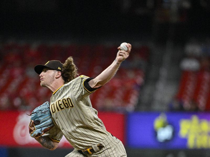 Aug 28, 2023; St. Louis, Missouri, USA;  San Diego Padres relief pitcher Josh Hader (71) pitches against the St. Louis Cardinals during the ninth inning at Busch Stadium. Mandatory Credit: Jeff Curry-USA TODAY Sports