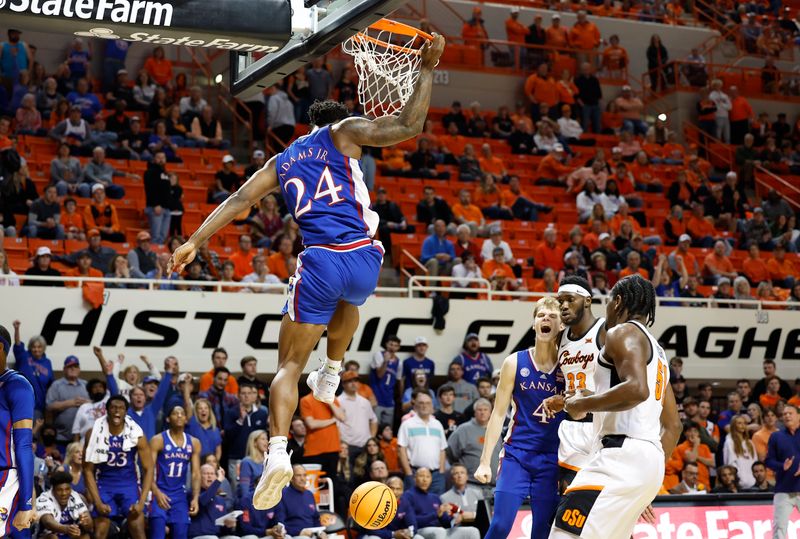 Feb 14, 2023; Stillwater, Oklahoma, USA; Kansas Jayhawks forward K.J. Adams Jr. (24) dunks against the Oklahoma State Cowboys during the second half at Gallagher-Iba Arena. Kansas won 87-76. Mandatory Credit: Alonzo Adams-USA TODAY Sports