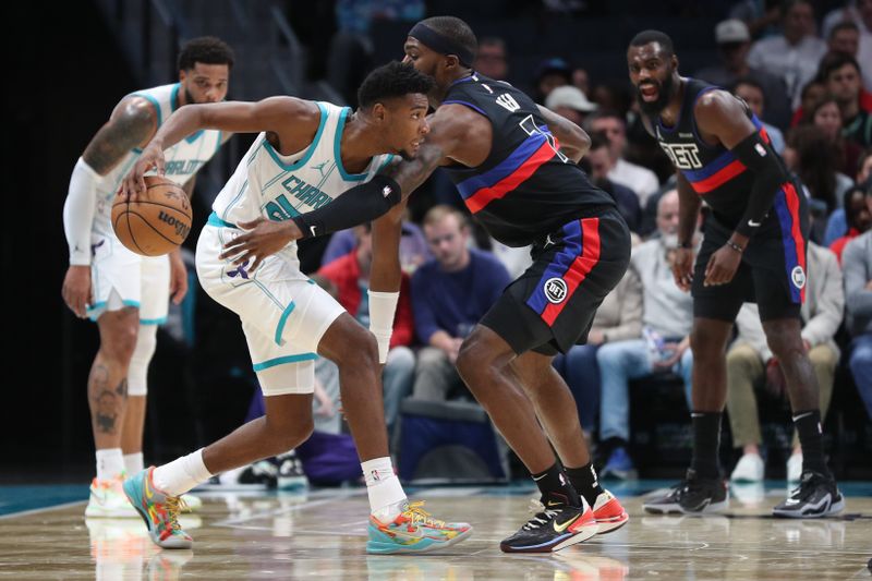 CHARLOTTE, NC - NOVEMBER 06: Brandon Miller #24 of the Charlotte Hornets dribbles the ball during the game against the Detroit Pistons on November 06, 2024 at Spectrum Center in Charlotte, North Carolina. NOTE TO USER: User expressly acknowledges and agrees that, by downloading and or using this photograph, User is consenting to the terms and conditions of the Getty Images License Agreement. Mandatory Copyright Notice: Copyright 2024 NBAE (Photo by Brock Williams-Smith/NBAE via Getty Images)