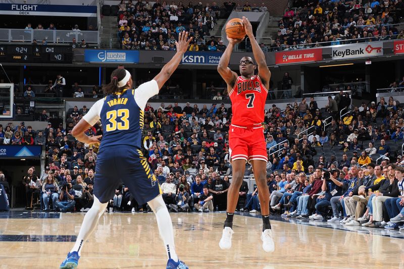 INDIANAPOLIS, IN - MARCH 2: Jalen Smith #7 of the Chicago Bulls shoots a three point basket during the game against the Indiana Pacers on March 2, 2025 at Gainbridge Fieldhouse in Indianapolis, Indiana. NOTE TO USER: User expressly acknowledges and agrees that, by downloading and or using this Photograph, user is consenting to the terms and conditions of the Getty Images License Agreement. Mandatory Copyright Notice: Copyright 2025 NBAE (Photo by Ron Hoskins/NBAE via Getty Images)