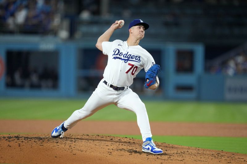 Sep 20, 2023; Los Angeles, California, USA; Los Angeles Dodgers starting pitcher Bobby Miller (70) throws in the third inning against the Detroit Tigers at Dodger Stadium. Mandatory Credit: Kirby Lee-USA TODAY Sports