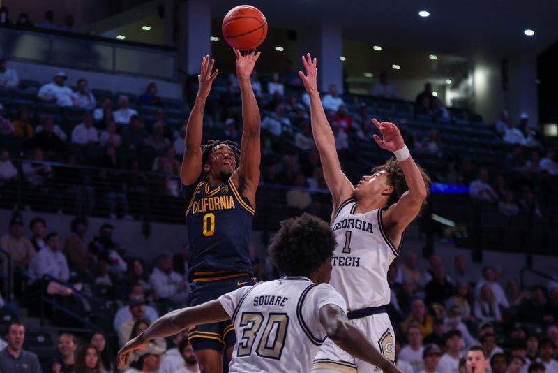 Feb 15, 2025; Atlanta, Georgia, USA; California Golden Bears guard Jeremiah Wilkinson (0) shoots over Georgia Tech Yellow Jackets guard Naithan George (1) in the first half at McCamish Pavilion. Mandatory Credit: Brett Davis-Imagn Images
