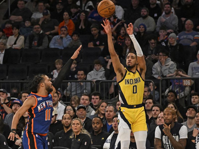 NEW YORK, NY - FEBRUARY 10: Tyrese Haliburton #0 of the Indiana Pacers shoots the ball during the game against the New York Knicks on February 10, 2024 at Madison Square Garden in New York City, New York.  NOTE TO USER: User expressly acknowledges and agrees that, by downloading and or using this photograph, User is consenting to the terms and conditions of the Getty Images License Agreement. Mandatory Copyright Notice: Copyright 2024 NBAE  (Photo by David Dow/NBAE via Getty Images)