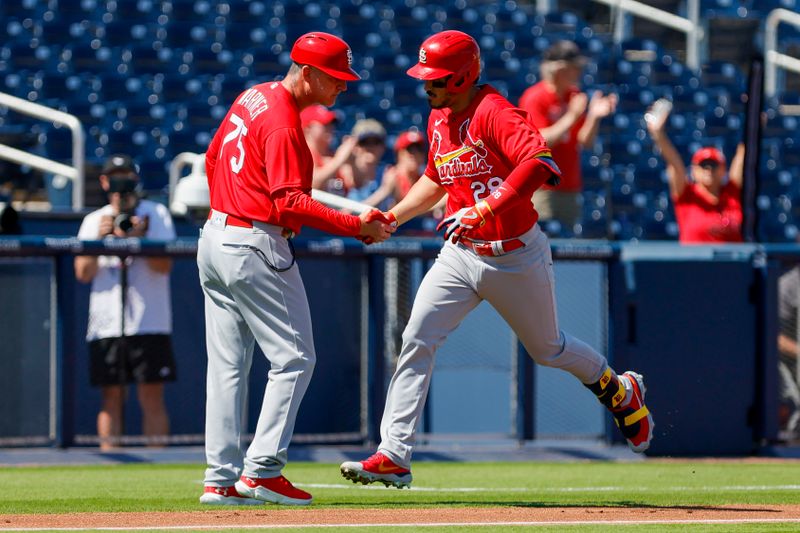 Feb 28, 2023; West Palm Beach, Florida, USA; St. Louis Cardinals third baseman Nolan Arenado (28) celebrates with St. Louis Cardinals third base coach Ron 'Pop' Warner (75) after hitting a home run during the first inning against the Washington Nationals at The Ballpark of the Palm Beaches. Mandatory Credit: Sam Navarro-USA TODAY Sports