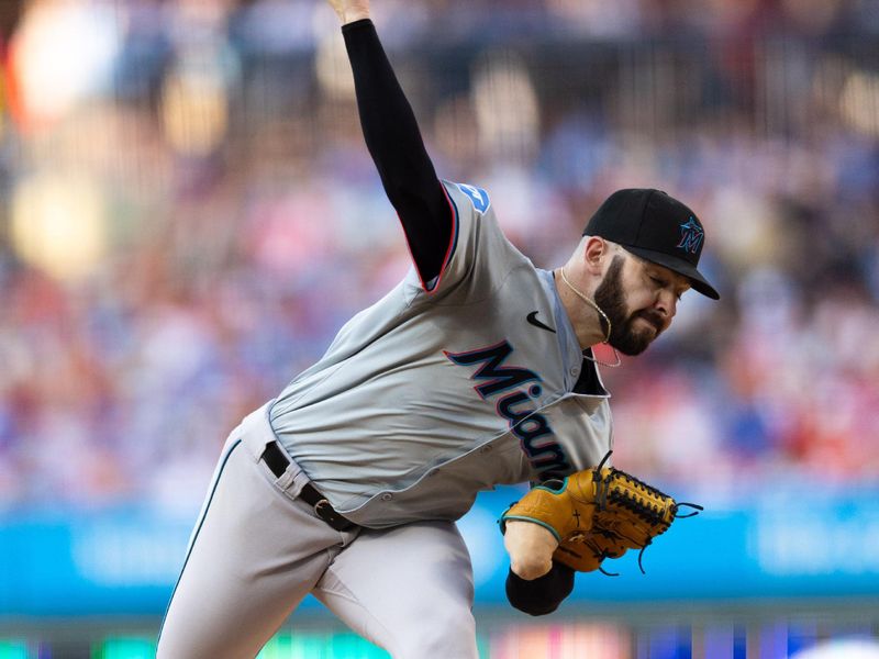 Jun 28, 2024; Philadelphia, Pennsylvania, USA; Miami Marlins pitcher Kyle Tyler (73) throws a pitch during the third inning against the Philadelphia Phillies at Citizens Bank Park. Mandatory Credit: Bill Streicher-USA TODAY Sports