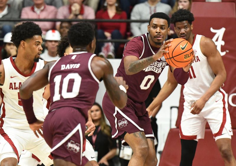 Feb 3, 2024; Tuscaloosa, Alabama, USA; Mississippi State forward D.J. Jeffries (0) looks to pass against Alabama at Coleman Coliseum. Mandatory Credit: Gary Cosby Jr.-USA TODAY Sports