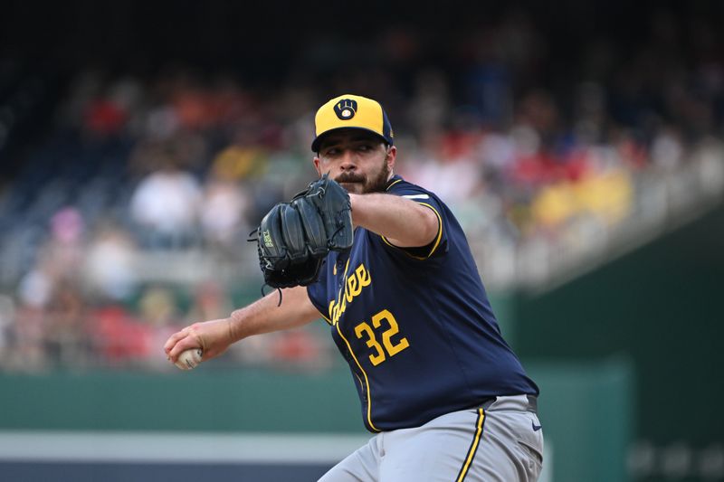 Aug 3, 2024; Washington, District of Columbia, USA; Milwaukee Brewers starting pitcher Aaron Civale (32) throws a pitch against the Washington Nationals during the first inning at Nationals Park. Mandatory Credit: Rafael Suanes-USA TODAY Sports