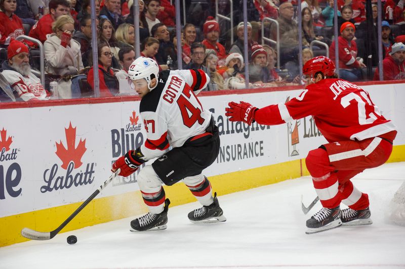 Nov 29, 2024; Detroit, Michigan, USA; New Jersey Devils center Paul Cotter (47) handles the puck during the first period against the Detroit Red Wings at Little Caesars Arena. Mandatory Credit: Brian Bradshaw Sevald-Imagn Images