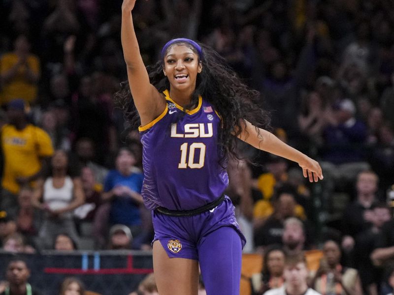 Apr 2, 2023; Dallas, TX, USA; LSU Lady Tigers forward Angel Reese (10) reacts against the Iowa Hawkeyes in the second half during the final round of the Women's Final Four NCAA tournament at the American Airlines Center. Mandatory Credit: Kirby Lee-USA TODAY Sports