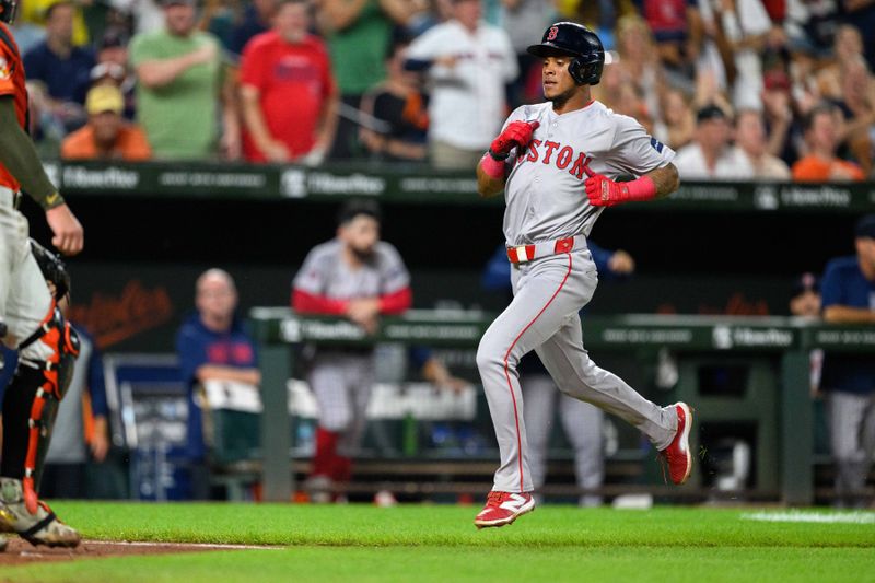 Aug 17, 2024; Baltimore, Maryland, USA; Boston Red Sox shortstop Ceddanne Rafaela (43) scores a run during the sixth inning against the Baltimore Orioles at Oriole Park at Camden Yards. Mandatory Credit: Reggie Hildred-USA TODAY Sports