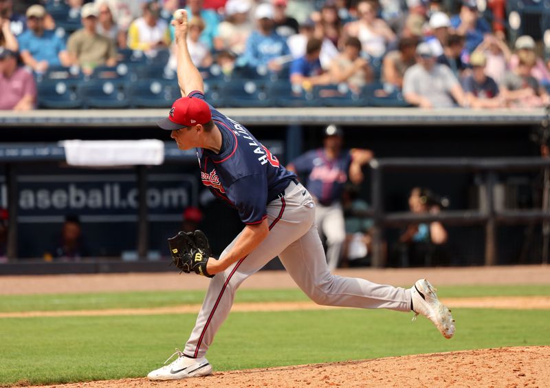 Mar 10, 2024; Tampa, Florida, USA; Atlanta Braves  pritcxher Patrick Halligan (86) throws a pitch during the fourth inning against the New York Yankees at George M. Steinbrenner Field. Mandatory Credit: Kim Klement Neitzel-USA TODAY Sports