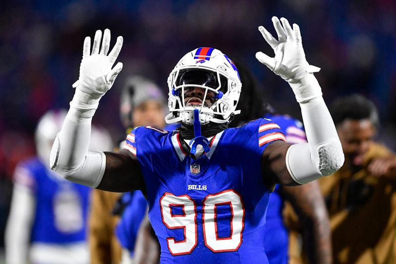 Buffalo Bills defensive end Shaq Lawson (90) warms up before an NFL football game against the Denver Broncos in Orchard Park, N.Y., Monday, Nov. 13, 2023. (AP Photo/Adrian Kraus)