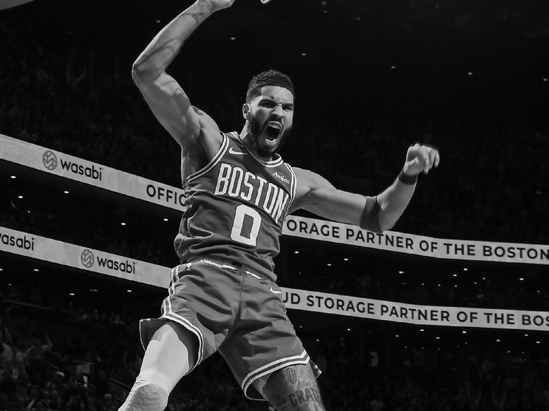 BOSTON, MA - JANUARY 12: (EDITOR'S NOTE - This image was converted to black and white) Jayson Tatum #0 of the Boston Celtics celebrates during the game against the New Orleans Pelicans on January 12, 2025 at TD Garden in Boston, Massachusetts. NOTE TO USER: User expressly acknowledges and agrees that, by downloading and/or using this Photograph, user is consenting to the terms and conditions of the Getty Images License Agreement. Mandatory Copyright Notice: Copyright 2025 NBAE (Photo by Brian Babineau/NBAE via Getty Images)