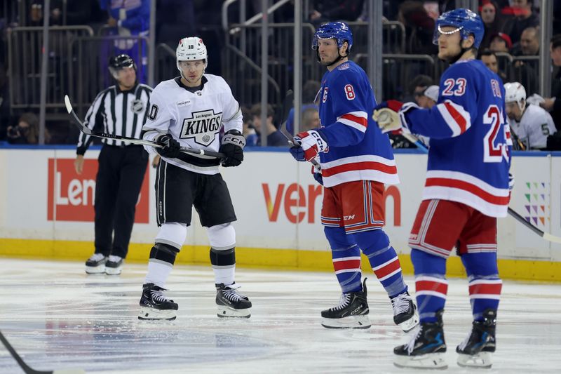 Mar 16, 2026; New York, New York, USA; Los Angeles Kings left wing Artemi Panarin (10) waits for the opening face-off next to New York Rangers left wing J.T. Miller (8) and defenseman Adam Fox (23) before the start of their game at Madison Square Garden. Mandatory Credit: Brad Penner-Imagn Images Mar 16, 2026; New York, New York, USA; Los Angeles Kings left wing Artemi Panarin (10) waits for the opening face-off next to New York Rangers left wing J.T. Miller (8) and defenseman Adam Fox (23) before the start of their game at Madison Square Garden. Mandatory Credit: Brad Penner-Imagn Images