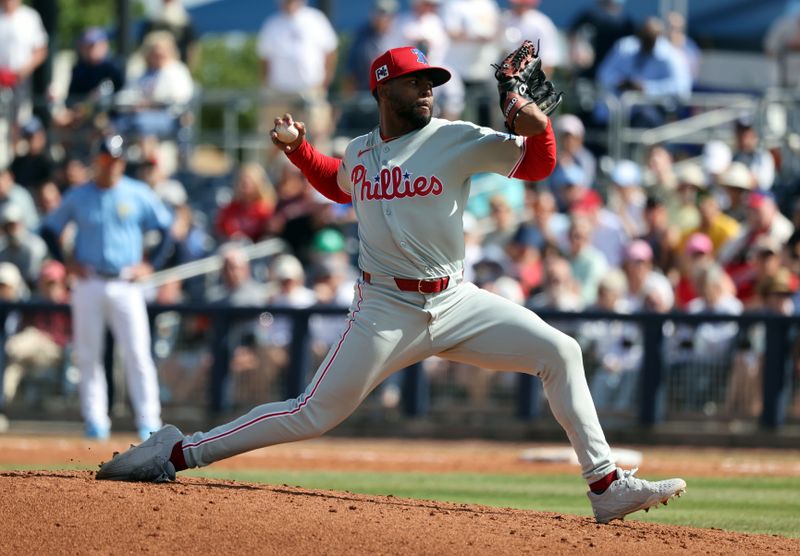 Feb 25, 2025; Port Charlotte, Florida, USA; Philadelphia Phillies pitcher Devin Sweet (39) throws against the Tampa Bay Rays during the fifth inning at Charlotte Sports Park. Mandatory Credit: Kim Klement Neitzel-Imagn Images