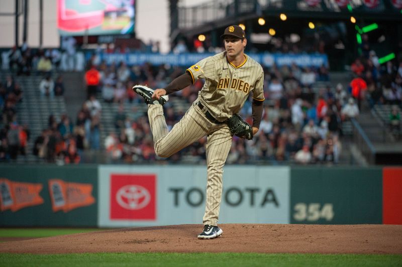 Sep 26, 2023; San Francisco, California, USA; San Diego Padres starting pitcher Seth Lugo (67) throws a pitch during the first inning against the San Francisco Giants at Oracle Park. Mandatory Credit: Ed Szczepanski-USA TODAY Sports