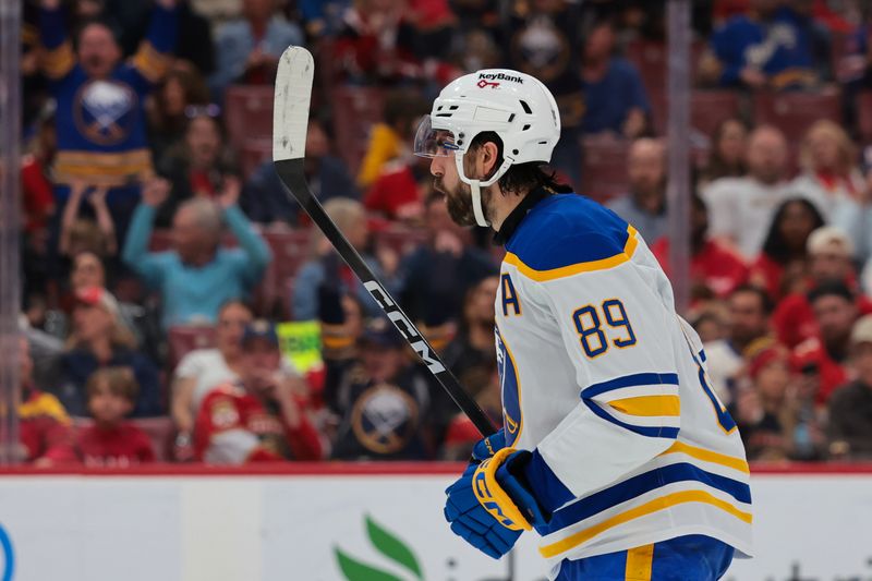 Feb 27, 2026; Sunrise, Florida, USA; Buffalo Sabres right wing Alex Tuch (89) celebrates after scoring against the Florida Panthers during the first period at Amerant Bank Arena. Mandatory Credit: Sam Navarro-Imagn Images