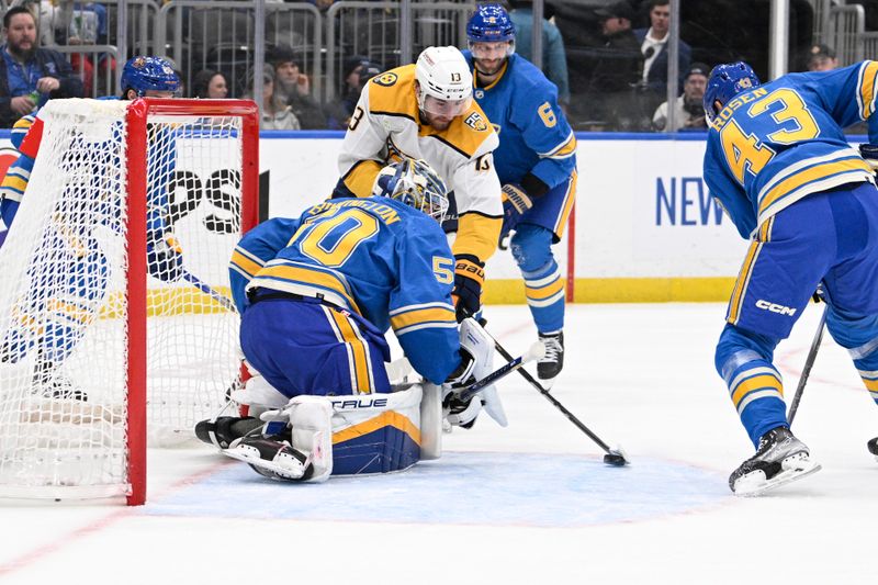 Feb 17, 2024; St. Louis, Missouri, USA; St. Louis Blues goaltender Jordan Binnington (50) defends the net from Nashville Predators center Yakov Trenin (13) during the third period at Enterprise Center. Mandatory Credit: Jeff Le-USA TODAY Sports