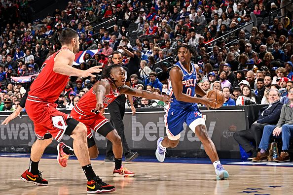 PHILADELPHIA, PA - DECEMBER 18: Tyrese Maxey #0 of the Philadelphia 76ers dribbles the ball during the game against the Chicago Bulls on December 18, 2023 at the Wells Fargo Center in Philadelphia, Pennsylvania NOTE TO USER: User expressly acknowledges and agrees that, by downloading and/or using this Photograph, user is consenting to the terms and conditions of the Getty Images License Agreement. Mandatory Copyright Notice: Copyright 2023 NBAE (Photo by David Dow/NBAE via Getty Images)