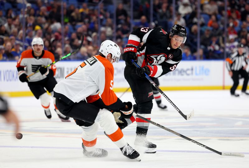 Nov 3, 2023; Buffalo, New York, USA;  Philadelphia Flyers defenseman Egor Zamula (5) tries to block a shot by Buffalo Sabres left wing Jeff Skinner (53) during the second period at KeyBank Center. Mandatory Credit: Timothy T. Ludwig-USA TODAY Sports