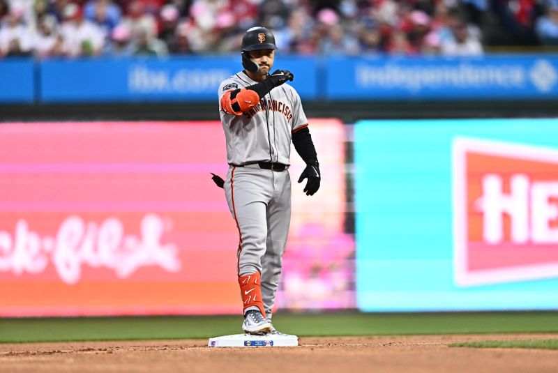 May 5, 2024; Philadelphia, Pennsylvania, USA; San Francisco Giants outfielder Michael Conforto (8) reacts after hitting a RBI double against the Philadelphia Phillies in the first inning at Citizens Bank Park. Mandatory Credit: Kyle Ross-USA TODAY Sports