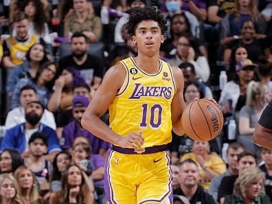 SACRAMENTO, CA - OCTOBER 14: Max Christie #10 of the Los Angeles Lakers dribbles the ball during the game against the Sacramento Kings on October 14, 2022 at Golden 1 Center in Sacramento, California. NOTE TO USER: User expressly acknowledges and agrees that, by downloading and or using this Photograph, user is consenting to the terms and conditions of the Getty Images License Agreement. Mandatory Copyright Notice: Copyright 2022 NBAE (Photo by Rocky Widner/NBAE via Getty Images)