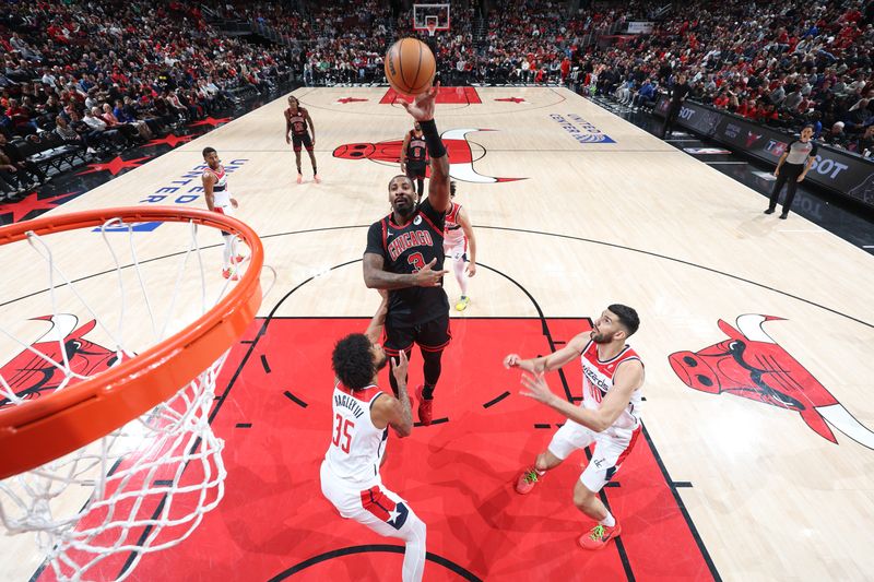 CHICAGO, IL - MARCH 25:  Andre Drummond #3 of the Chicago Bulls shoots the ball during the game against the Washington Wizards on March 25, 2024 at United Center in Chicago, Illinois. NOTE TO USER: User expressly acknowledges and agrees that, by downloading and or using this photograph, User is consenting to the terms and conditions of the Getty Images License Agreement. Mandatory Copyright Notice: Copyright 2024 NBAE (Photo by Jeff Haynes/NBAE via Getty Images)