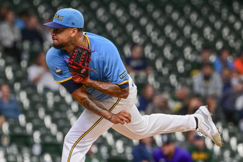 Sep 6, 2024; Milwaukee, Wisconsin, USA;Milwaukee Brewers starting pitcher Frankie Montas (47) pitches in the first inning against the Colorado Rockies  at American Family Field. Mandatory Credit: Benny Sieu-Imagn Images